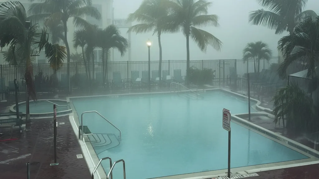 Swimming pool during a tropical storm in Florida with heavy rain