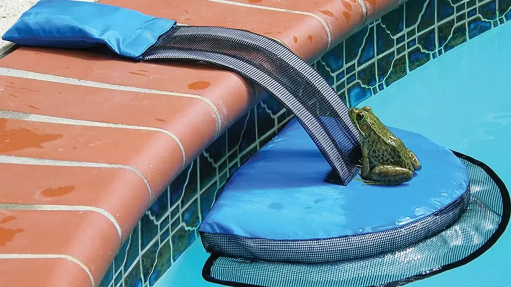 Close-up of a small animal escape ramp installed on the pool edge