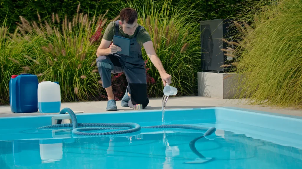 pool technician kneeling beside a swimming pool, using a measuring tool to check the water level.