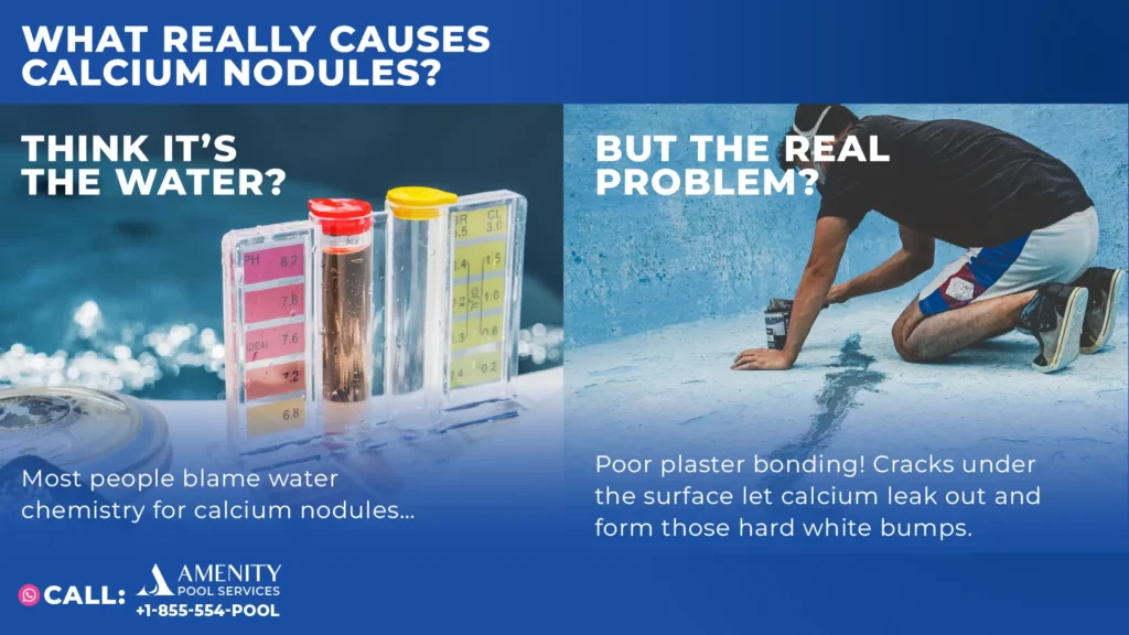 Diagram explaining that calcium nodules in pool are not caused by water pH but by poor plaster bonding and subsurface cracks
