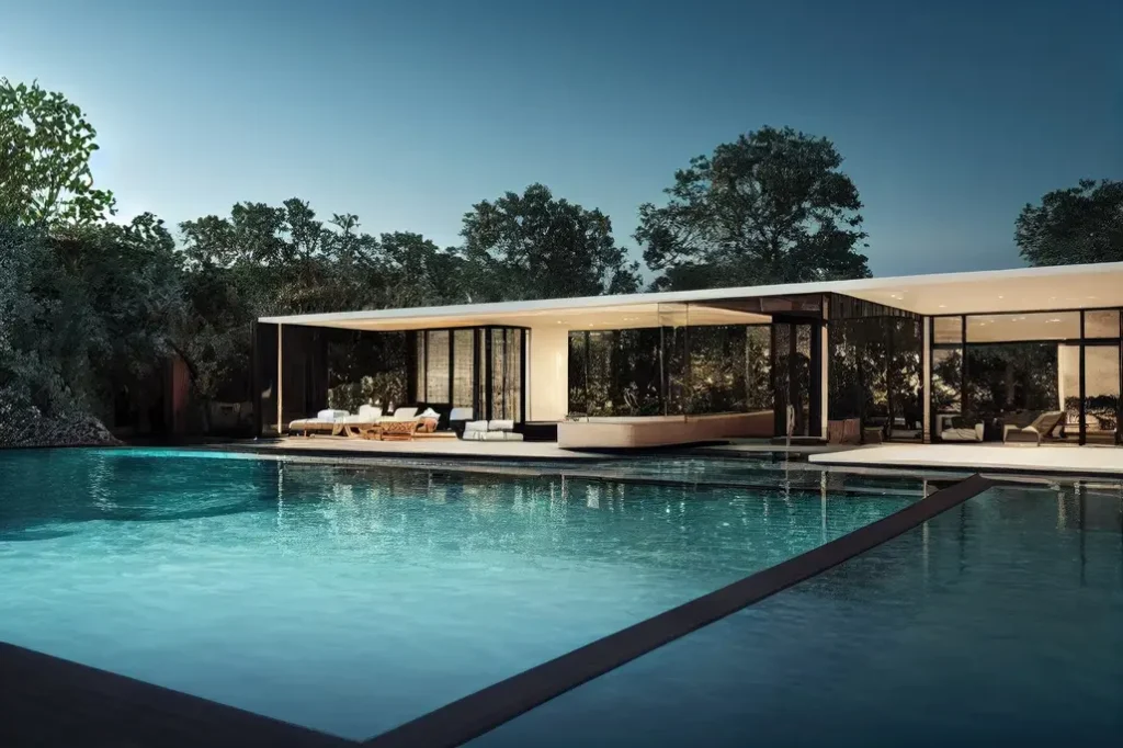 Luxury house with a huge, clean residential pool maintained by expert pool services.