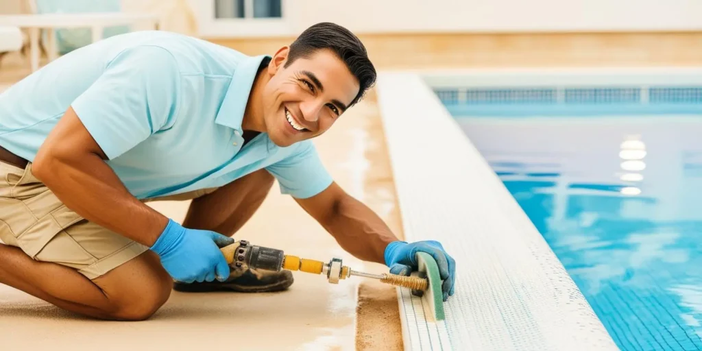 Professional pool technician resurfacing a swimming pool for renovation