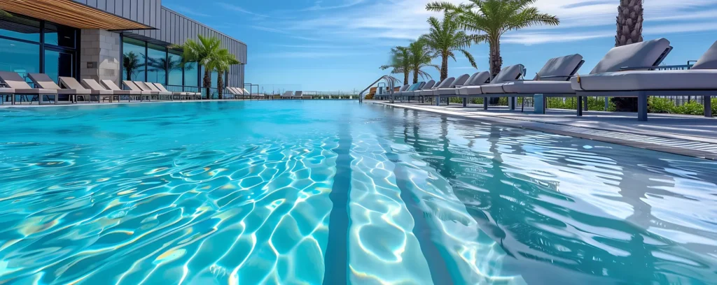 Sunny poolside view in Jacksonville, Florida, with clear blue water and tropical