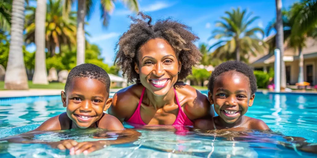 A black family enjoying their Florida pool, showcasing clean and well-maintained water with professional pool services