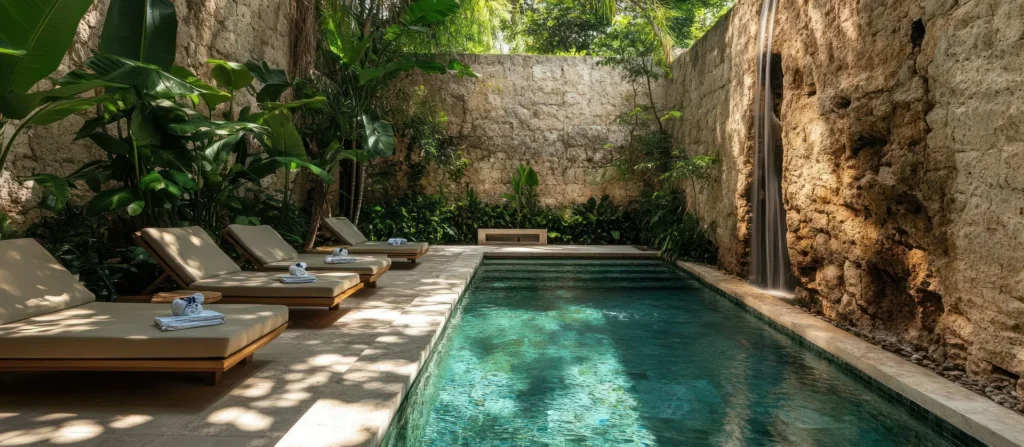 Eco-luxury pool design, nestled among natural rock formations, cascading waterfalls, and lush forest