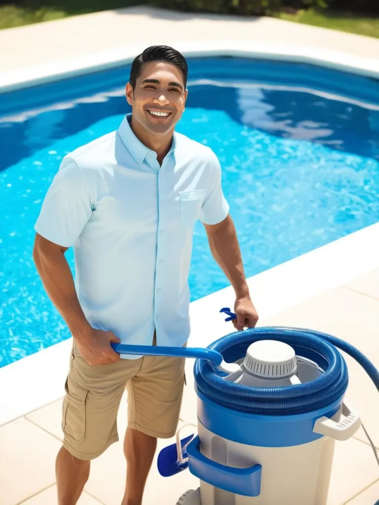 Swimming pool technician performing routine maintenance with a basic automatic pool cleaner for debris removal