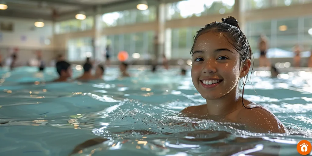 A school pool with clear blue water, surrounded by safety railings and tiled edges, designed for swimming lessons and student activities