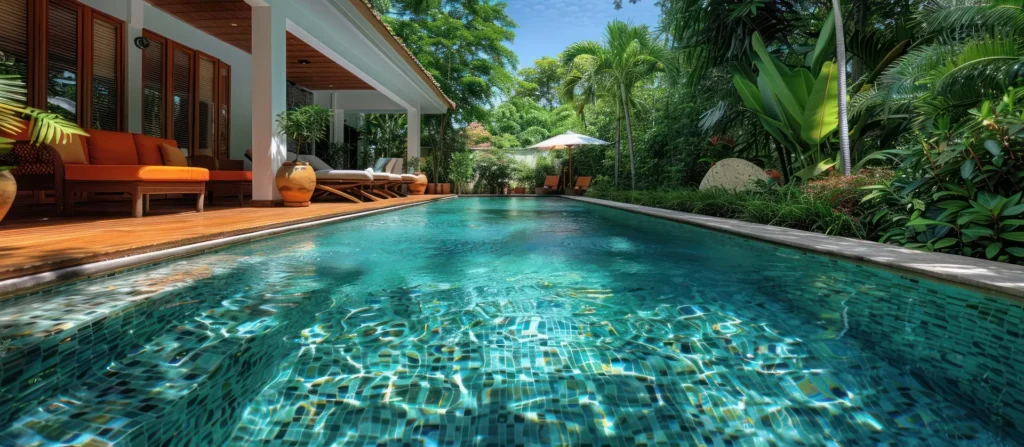 A pristine, clear swimming pool set in a luxurious rural retreat, surrounded by lush greenery and vibrant orange and green lounge chairs.