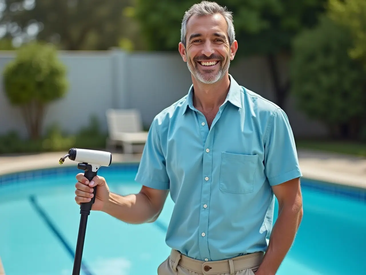 A pool maintenance technician from Amenity Pool Services using a hose to clean a pool
