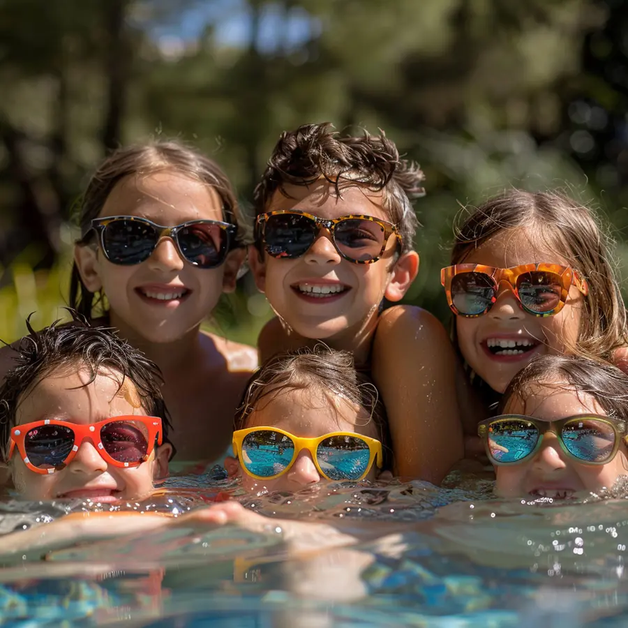 A group of kids laughing and playing together in a lively Miami pool setting