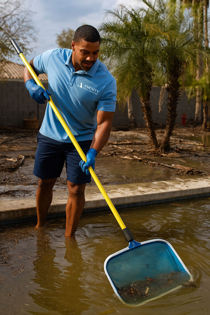 Amenity Pool Services Cleaning after storm damage picking up debris