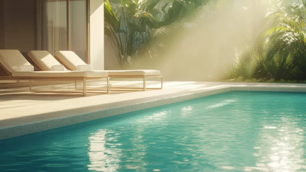 Inviting sunlit swimming pool with crystal-clear water, surrounded by lounge chairs—heated for year-round comfort with an energy-efficient pool heater