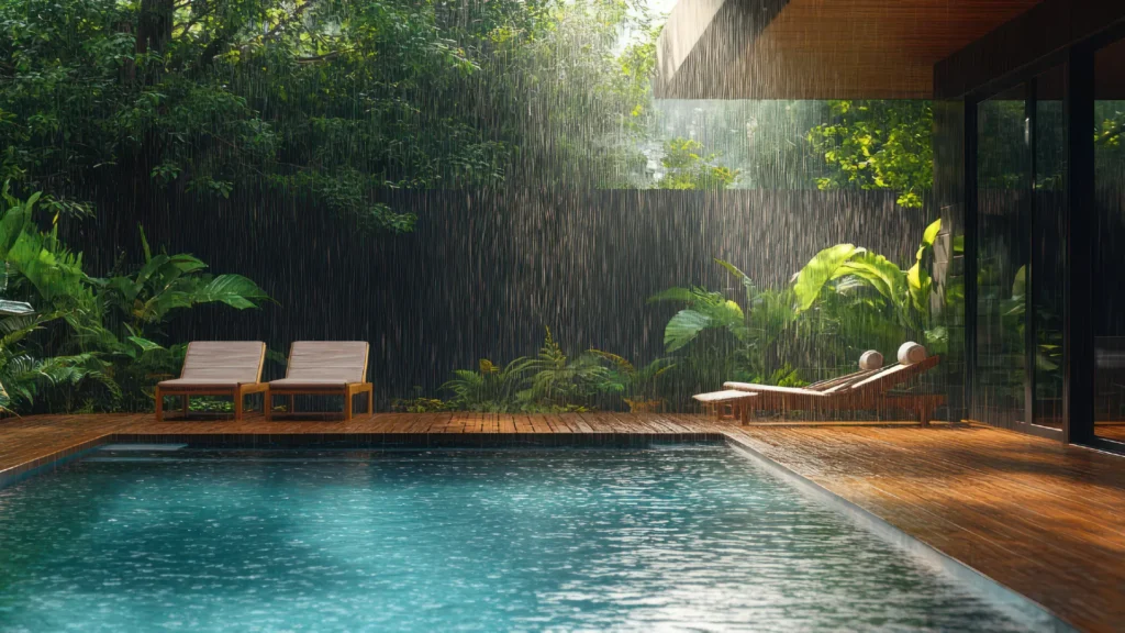 Header: A swimming pool during rainfall, with ripples forming on the water’s surface