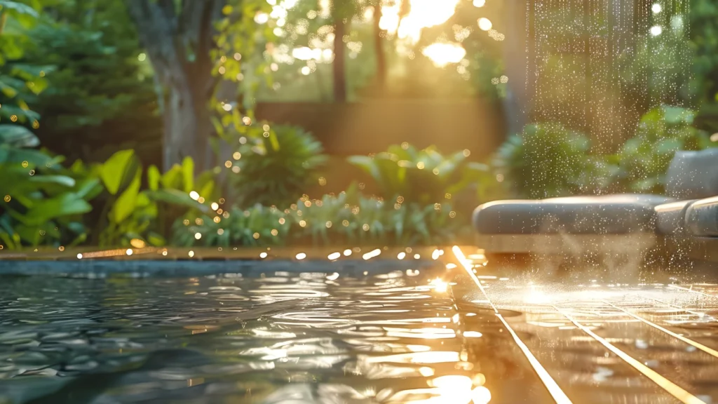 A wet pool deck with slippery surfaces after rainfall, caution needed