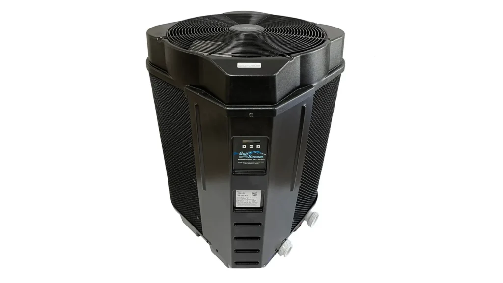 Gulfstream HE-2 Series heat pump beside a pool, featuring corrosion-resistant materials and eco-friendly R-410A refrigerant