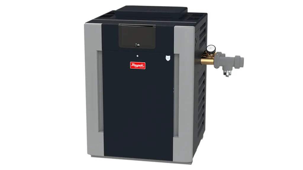 Raypak commercial-grade gas pool heater with digital controls, known for reliability and high BTU output for large pools