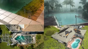 Swimming pool damaged by natural disasters, including floodwaters in Florida and Texas and structural cracks from an earthquake