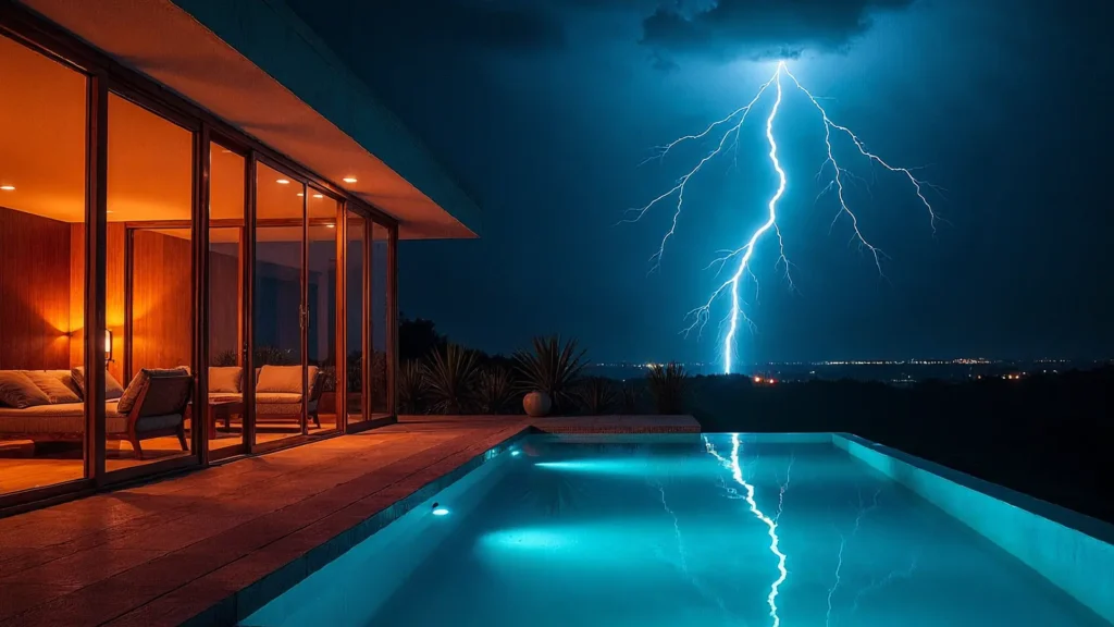 Light strokes illuminating a pool after a rainstorm