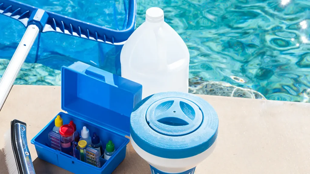 Swimming pool chemicals including chlorine, pH adjusters, and test kits on a patio in Port Charlotte, FL