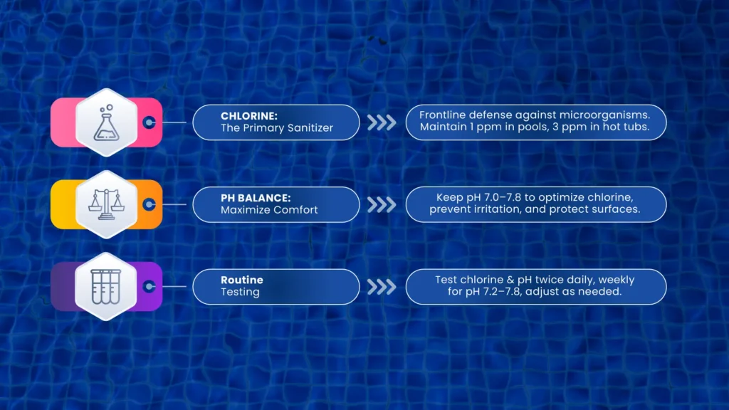 Infographic from Amenity Pool Services explaining the three pillars of pool care: maintaining chlorine levels, balancing pH, and performing routine water testing
