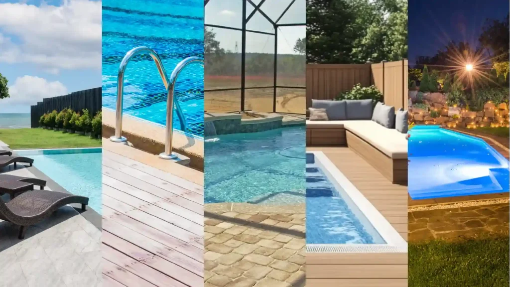 Four ideas for pool deck: choosing materials like wood or stone, selecting anti-slip surfaces, arranging outdoor furniture, and incorporating landscape lighting.