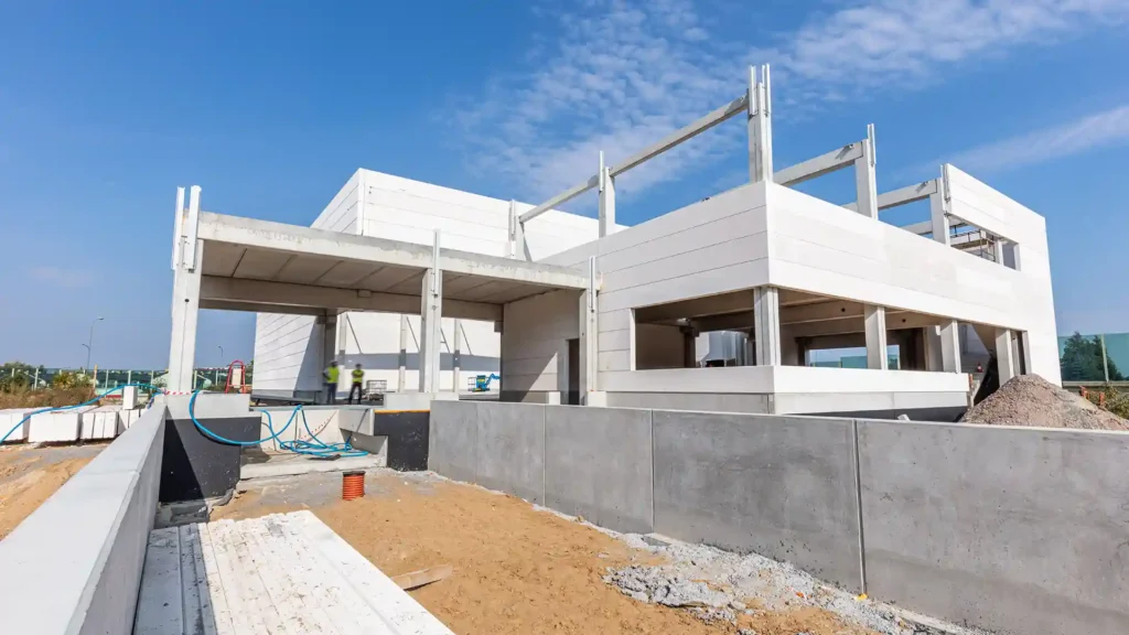 A custom geometric pool being installed in the backyard of a modern luxury house