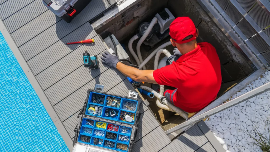 Professional pool technician in Port Charlotte inspecting residential pool for maintenance, highlighting professional pool care vs DIY
