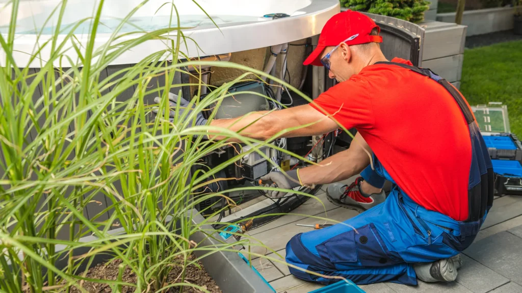 Technician repairing spa heater