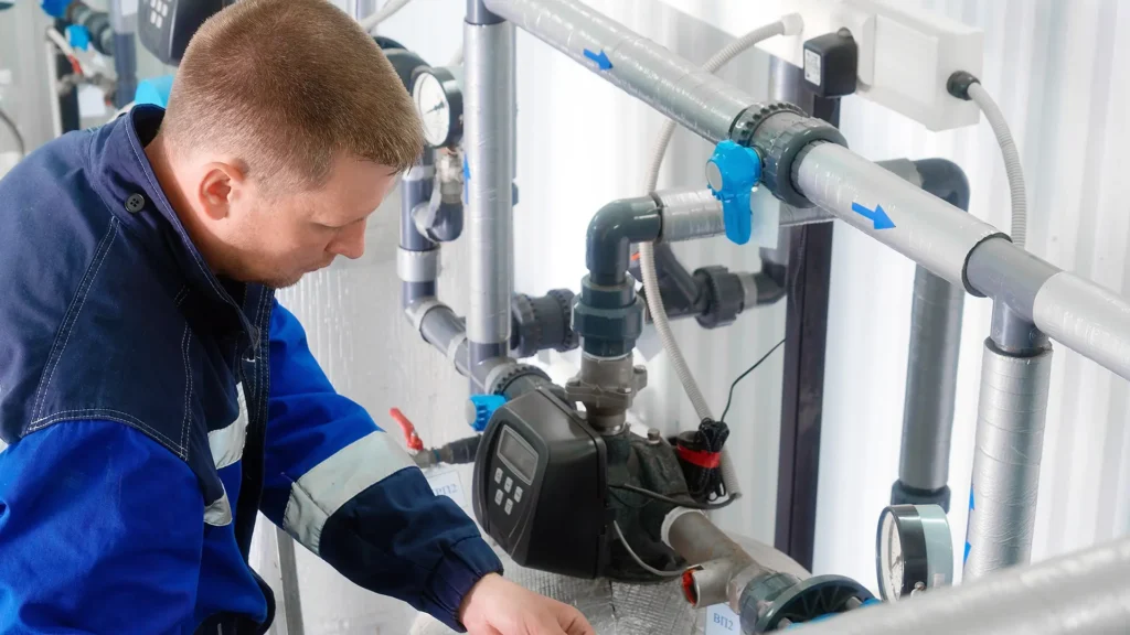 Pool technician inspecting equipment for a pool filter clogged