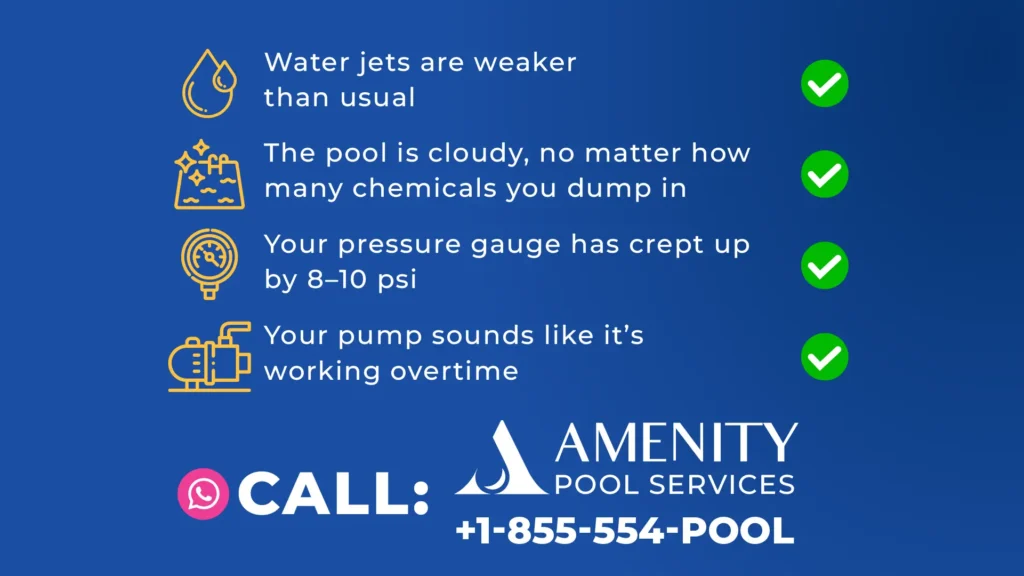 Infographic showing common clogged pool filter symptoms