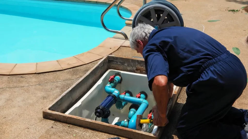 Pool technician servicing a pump system to ensure optimal pool filtration and water clarity in Miami, FL.