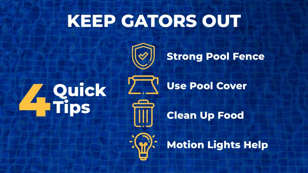 Infographic showing 4 effective tips to prevent an alligator in pool situations