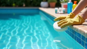 Person brushing the walls of a swimming pool