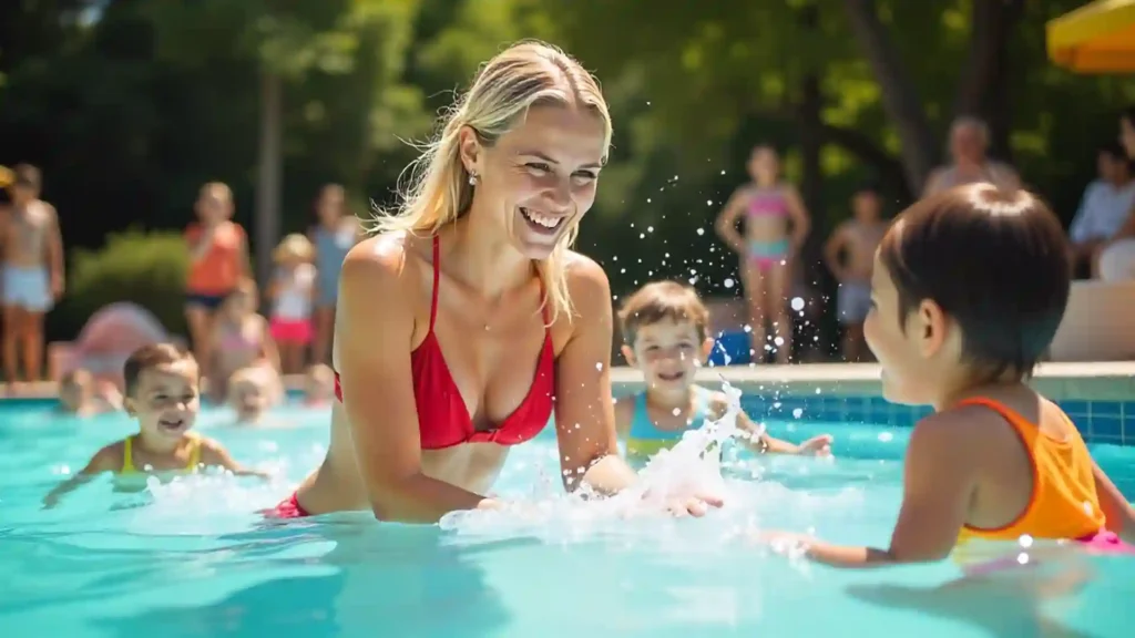 Mother and daughter laughing and playing fun pool games together in backyard swimming pool
