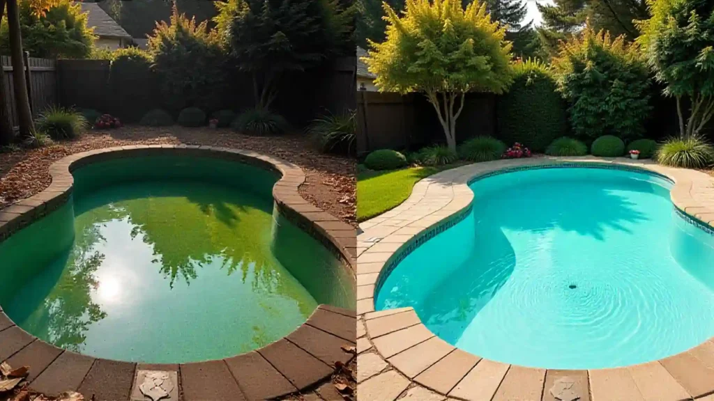 Pool cleaning results: green, cloudy water transformed to clear, blue and swimmable