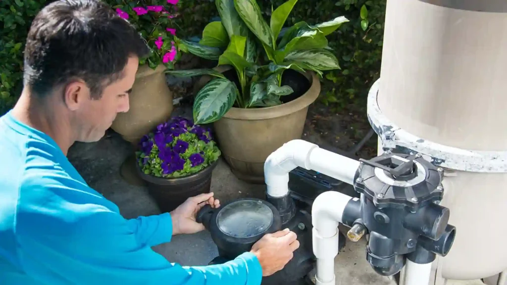 Professional pool service technician testing water chemistry