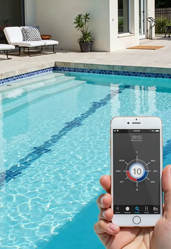 A smartphone displaying a mobile app interface for controlling and adjusting the temperature of a swimming pool