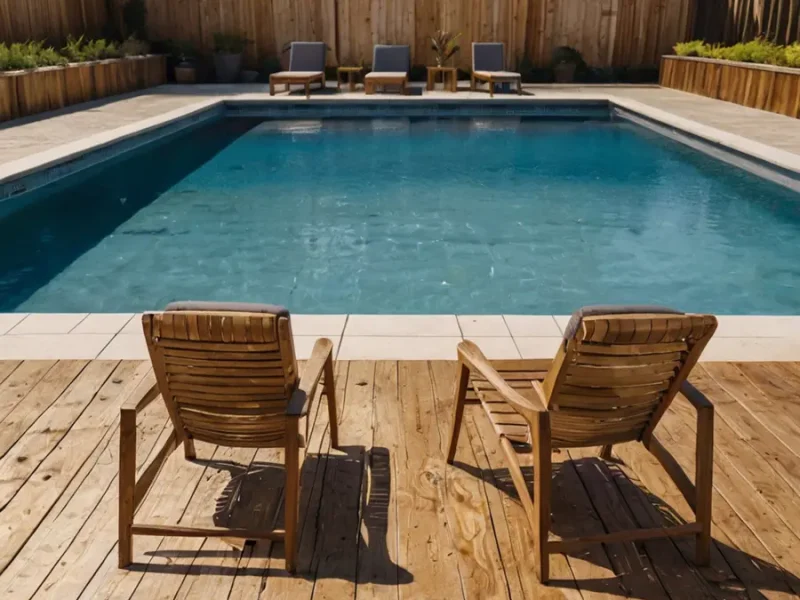 Residential pool surrounded by bamboo chairs for tropical-style poolside relaxation