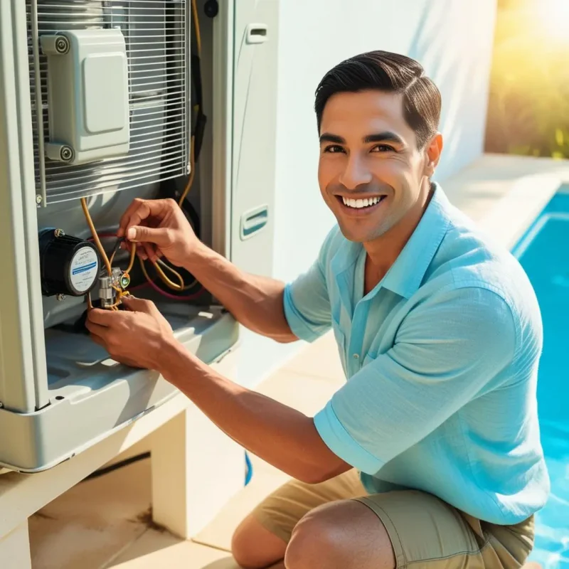 A technician working on a pool heater with tools