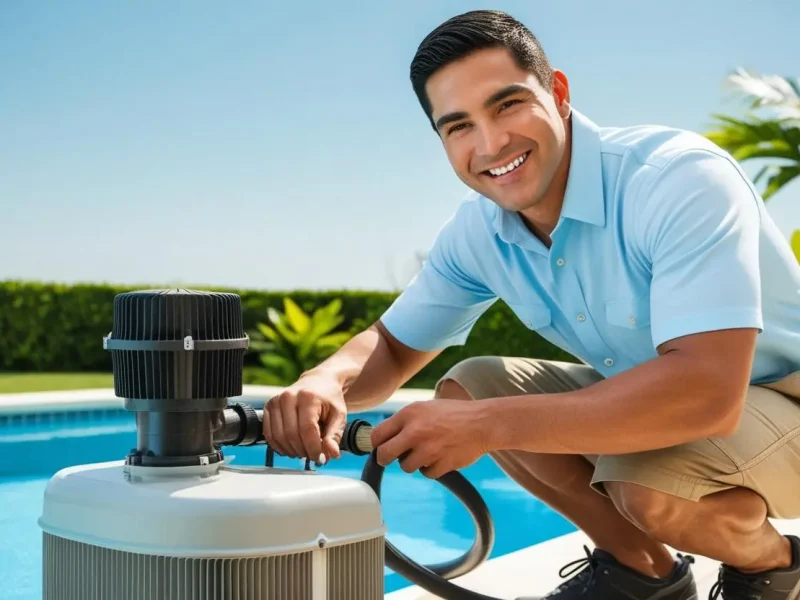 A man working on fixing a pool pump, using tools and inspecting the equipment to ensure it functions properly