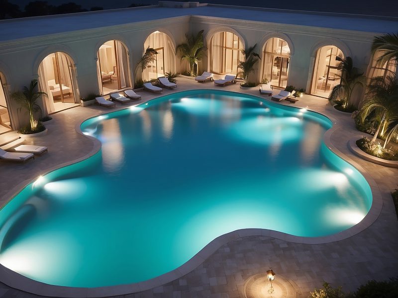 A stunning luxury pool illuminated at night in a high-end complex, showcasing professional pool maintenance and lighting services