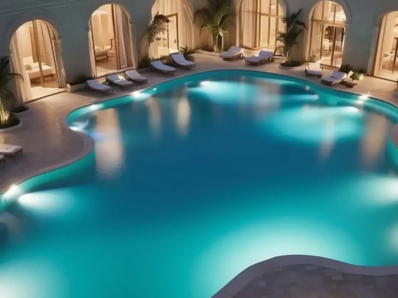 A stunning luxury pool illuminated at night in a high-end complex, showcasing professional pool maintenance and lighting services