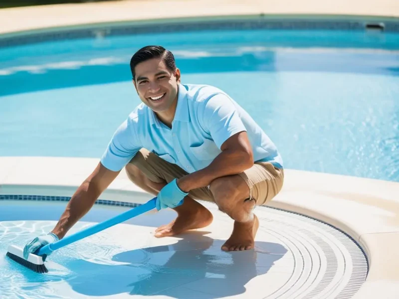 A man brushing the sides of a pool to clean it, ensuring the water stays clear and the surface free of debris.