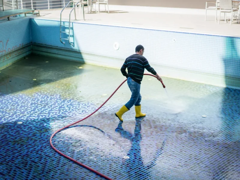 Power washing a pool with a high-pressure hose, demonstrating thorough cleaning and professional pool maintenance services